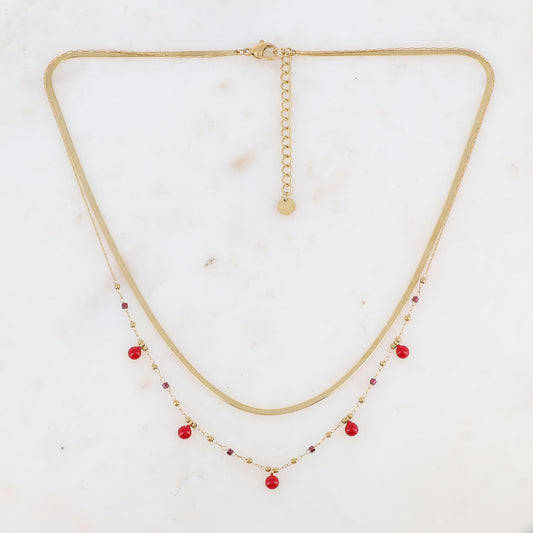 Collier double rangs avec perles de rocaille et pastilles émaillées (39/41+5CM)