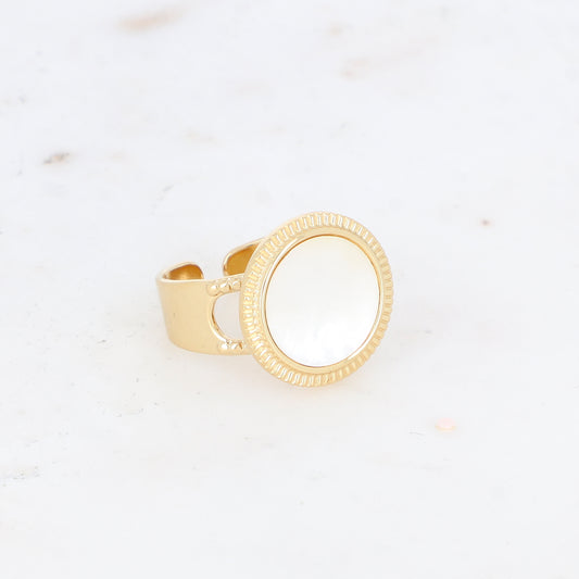 Bague avec cabochon rond en pierre naturelle - Nacre blanche