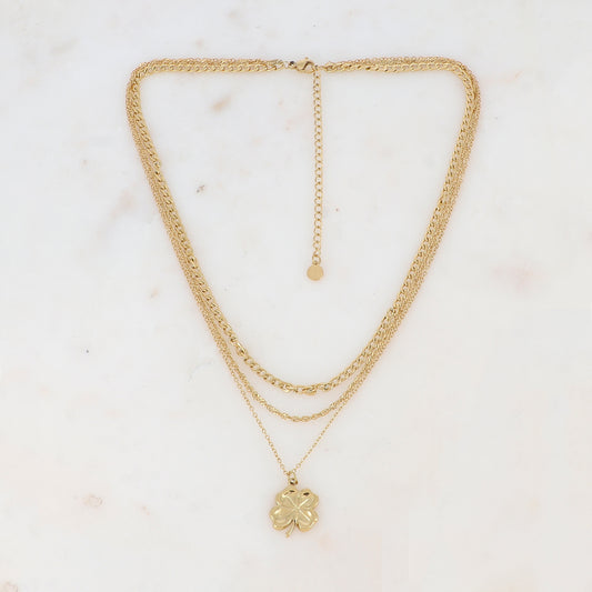 Collier triple rangs en maille avec pendentif trèfle (39/40/41+7CM)