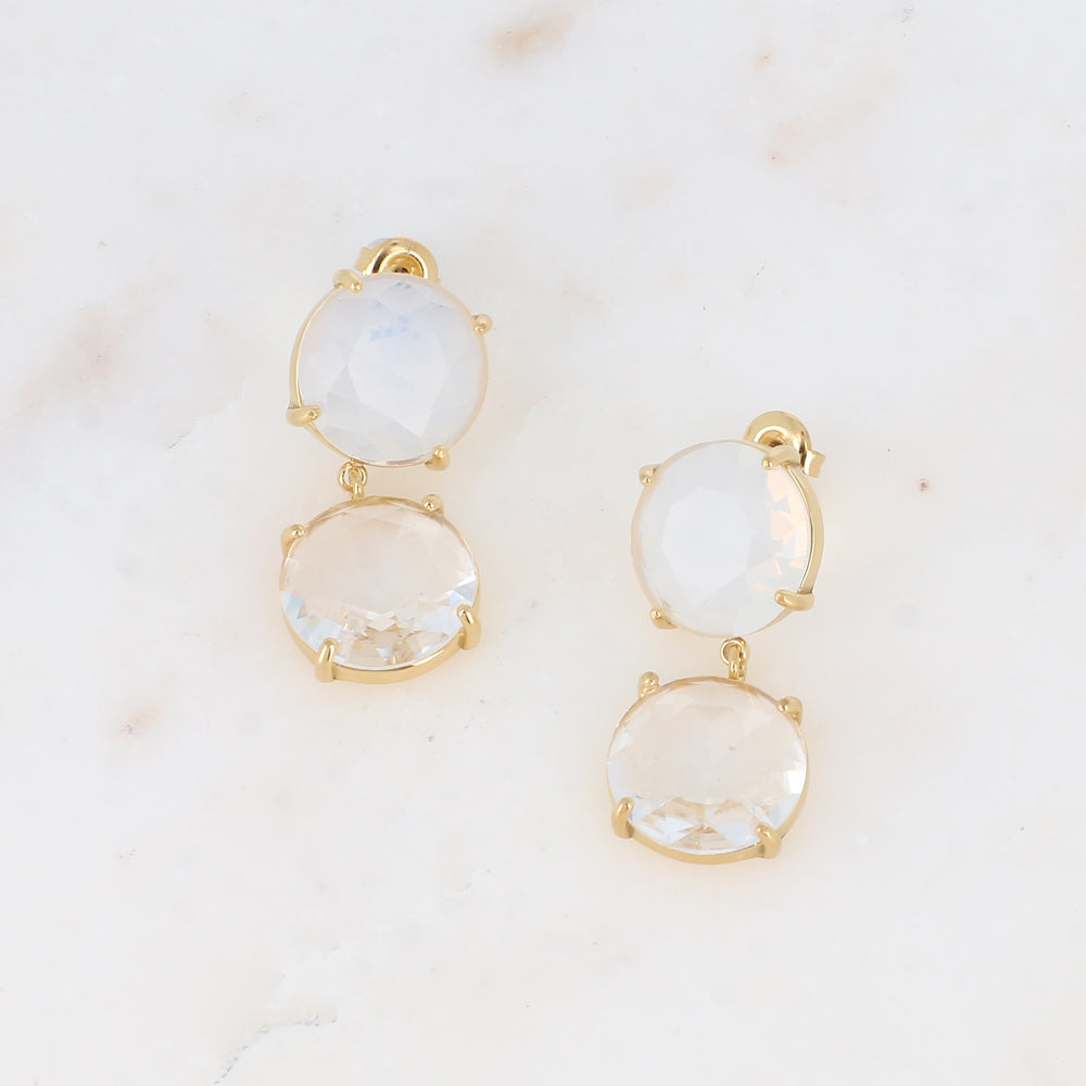 Boucles pendantes - 2 cristaux ronds plats blancs - Dimensions de la boucle : 15 x 35 mm - Dimensions des cristaux : 15 x 15 mm