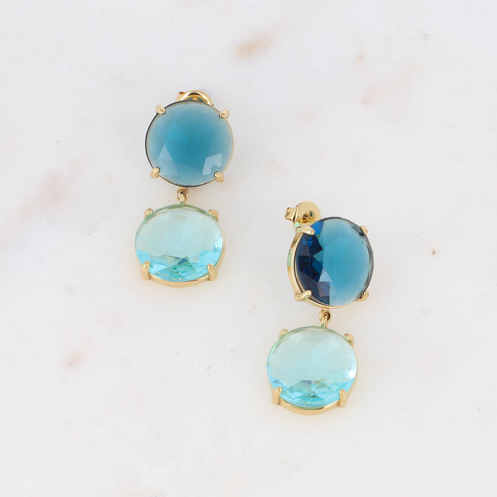 Boucles pendantes - 2 cristaux ronds plats bleus - Dimensions de la boucle : 15 x 35 mm - Dimensions des cristaux : 15 x 15 mm