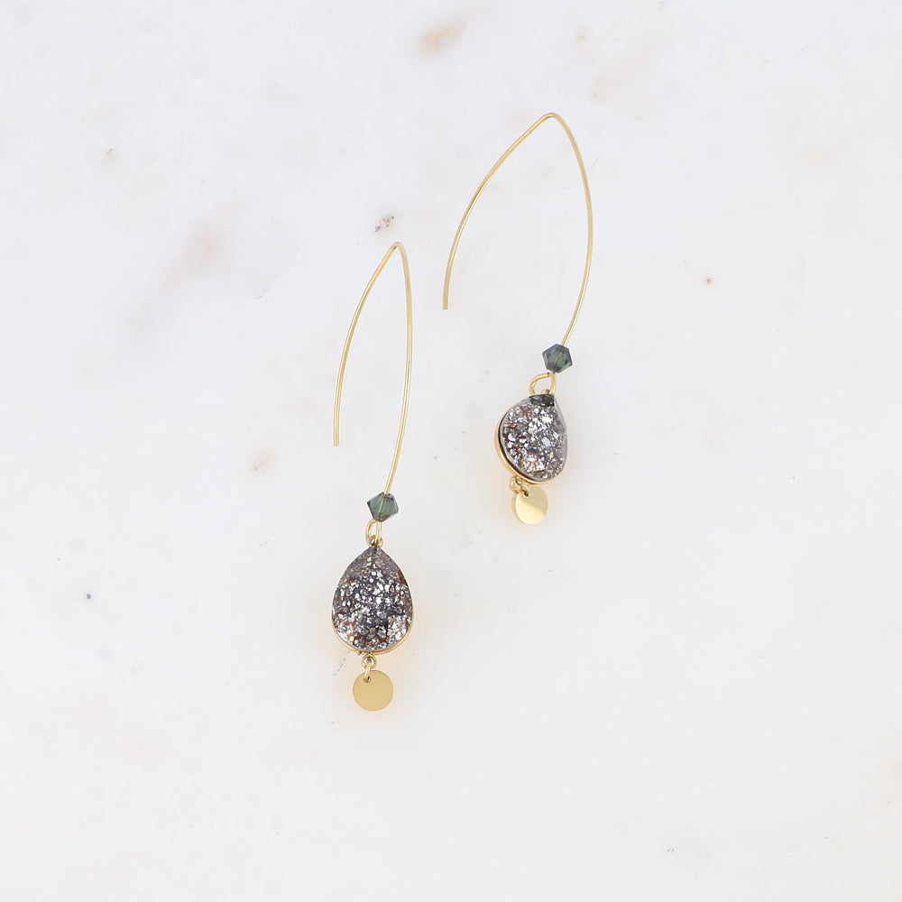 Boucles pendantes - long crochet orné de cristaux de Swarovski® goutte 10x14mm et toupie - Black patina - Dimensions du cristal : 10 x 14 mm - Longueur boucle d’oreille : 40 mm