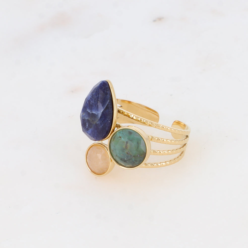 Bague - pierres naturelles goutte et rondes agate bleue, turquoise africaine, quartz fraise