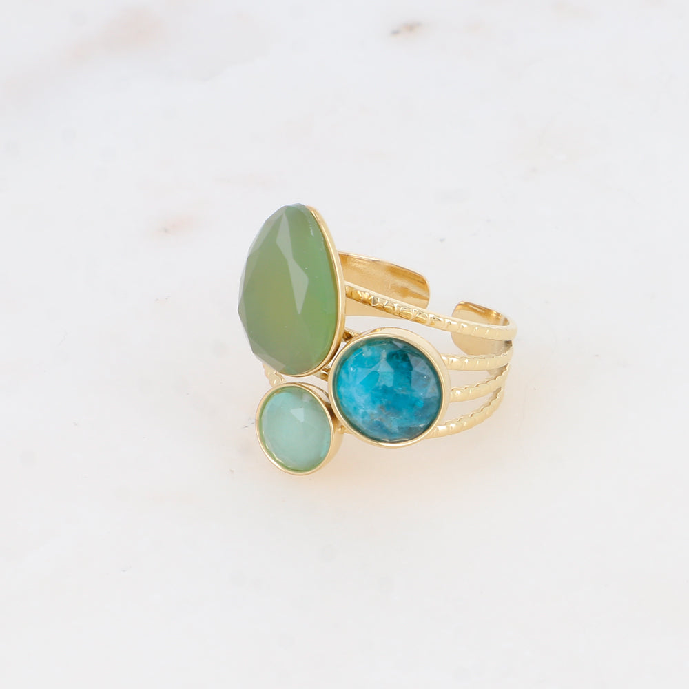 Bague - pierres naturelles goutte et rondes agate verte, apatite et aventurine verte