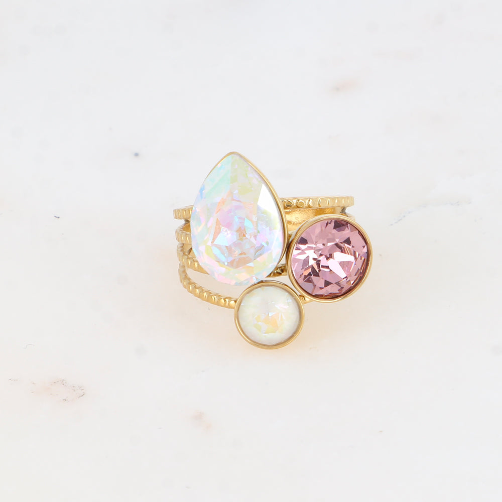 Bague - cristaux goutte et rondes (+ pierres naturelles) - AB, lt amethyst, lt grey delite