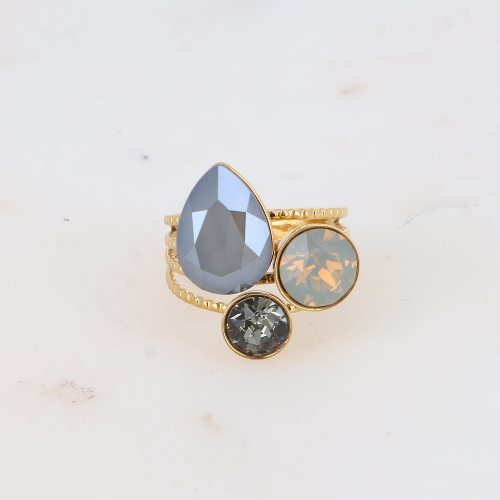 Bague - cristaux goutte et rondes (+ pierres naturelles) - dark grey, lt grey opal, black diamond