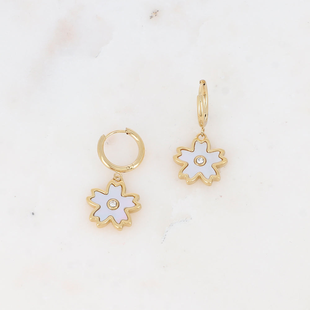 Créoles avec fleur en nacre 1,4 x 2,8 cm.