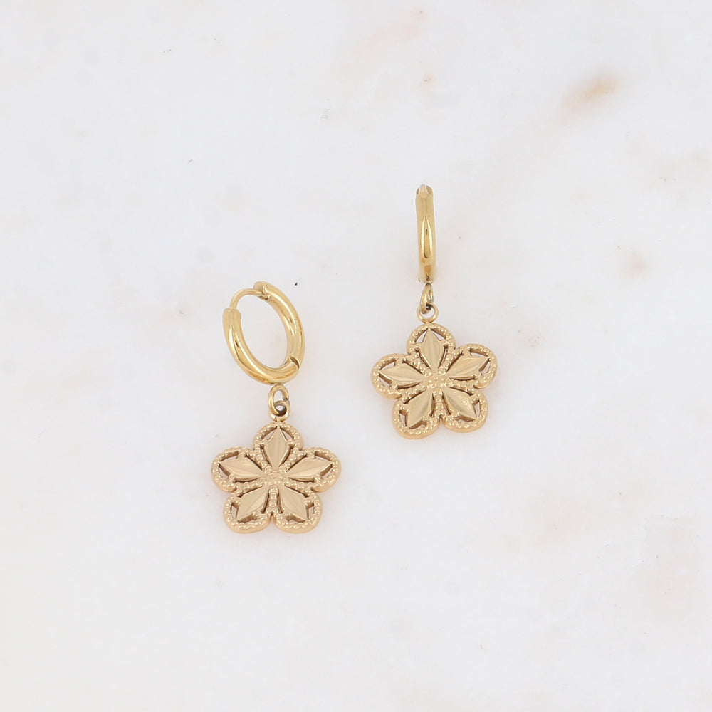 Créoles avec fleur ajourée 1,4 x2,9 cm.