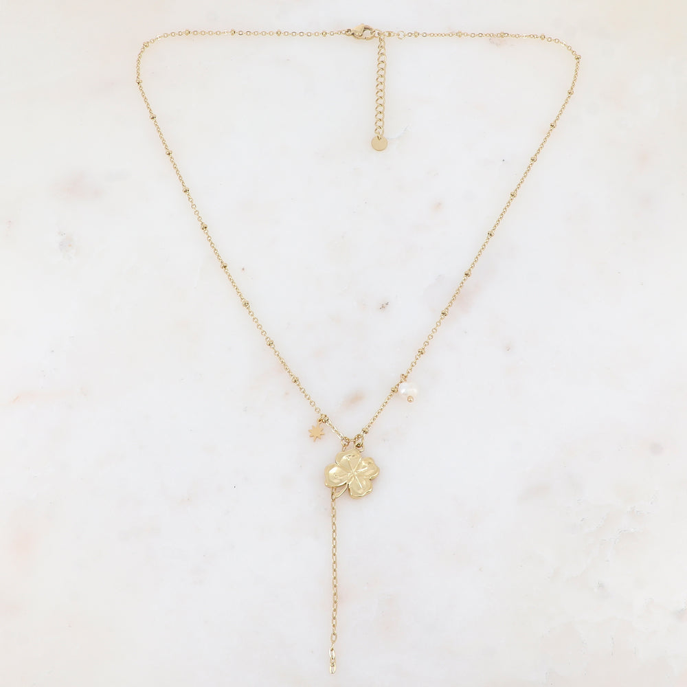 Collier avec chaîne, trèfle, étoile et perle d'eau douce (45+5CM)