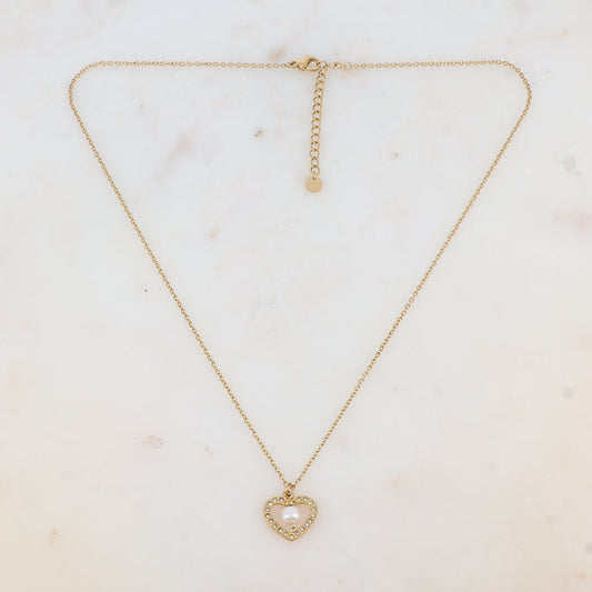 Collier avec cœur ajouré strassé et perle d'eau douce (45+5CM)