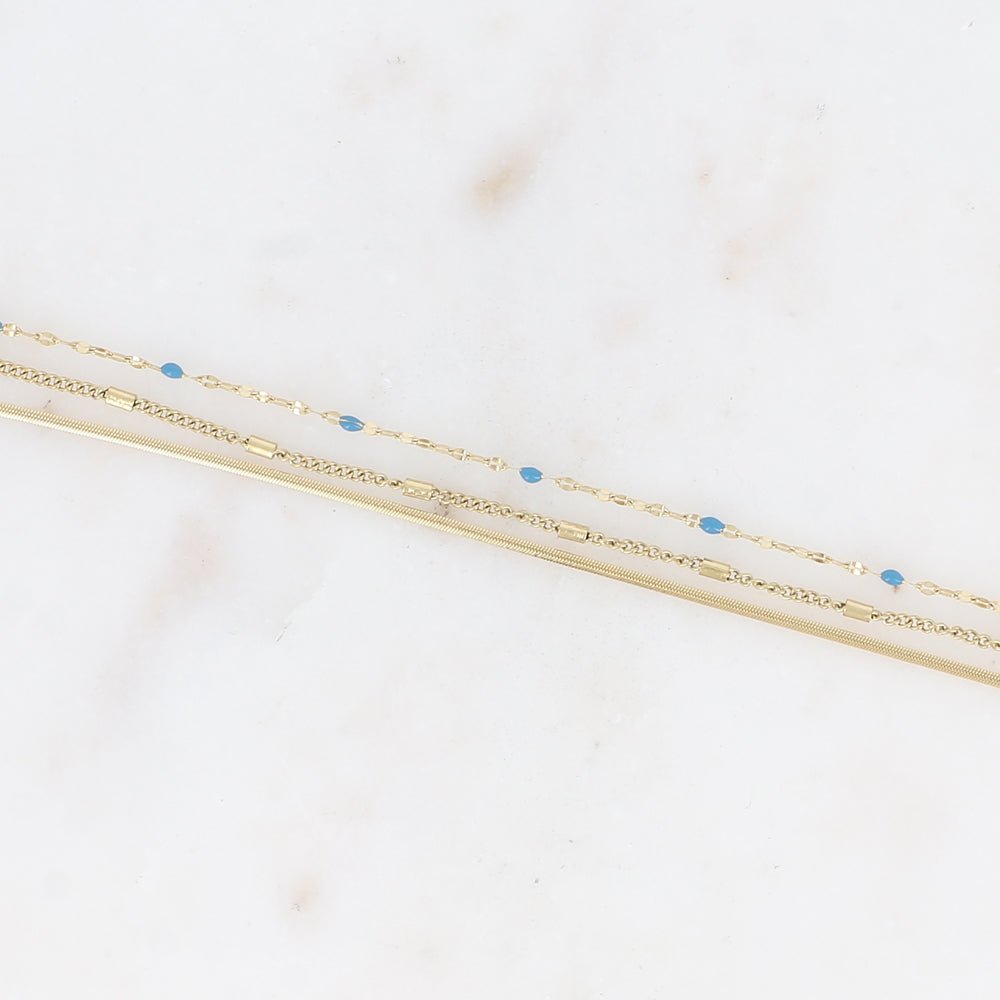 Bracelet 3 rangs - anneau avec maille grain de café émaillée bleue, forçat et tubes et miroir (15+3 cm)