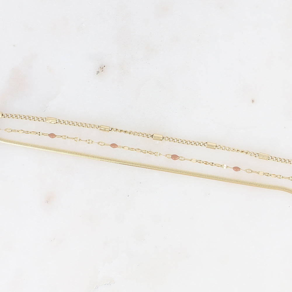 Bracelet 3 rangs - anneau avec maille grain de café émaillée marron, forçat et tubes et miroir (15+3 cm)