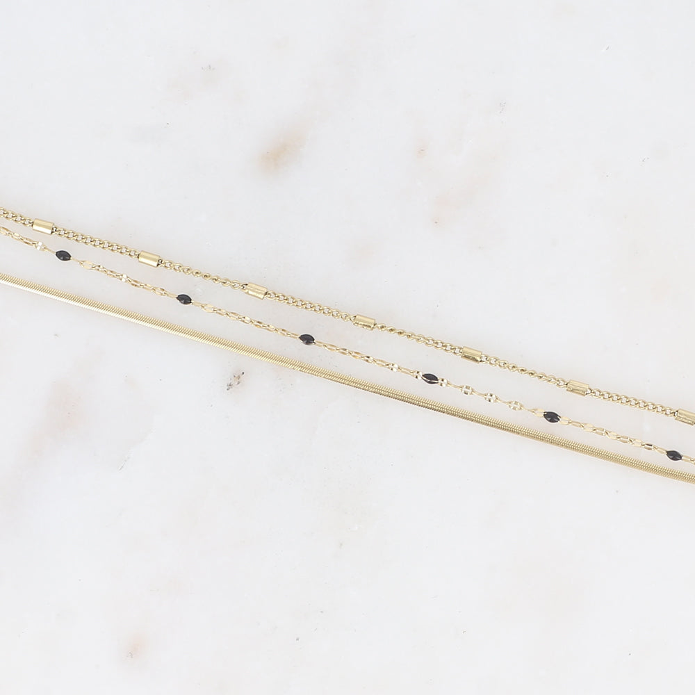 Bracelet 3 rangs - anneau avec maille grain de café émaillée noire, forçat et tubes et miroir (15+3 cm)