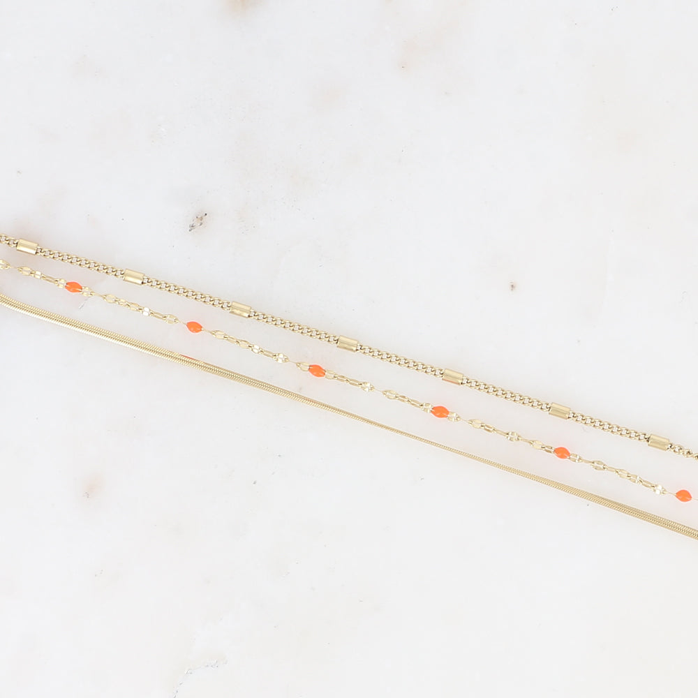 Bracelet 3 rangs - anneau avec maille grain de café émaillée orange, forçat et tubes et miroir (15+3 cm)