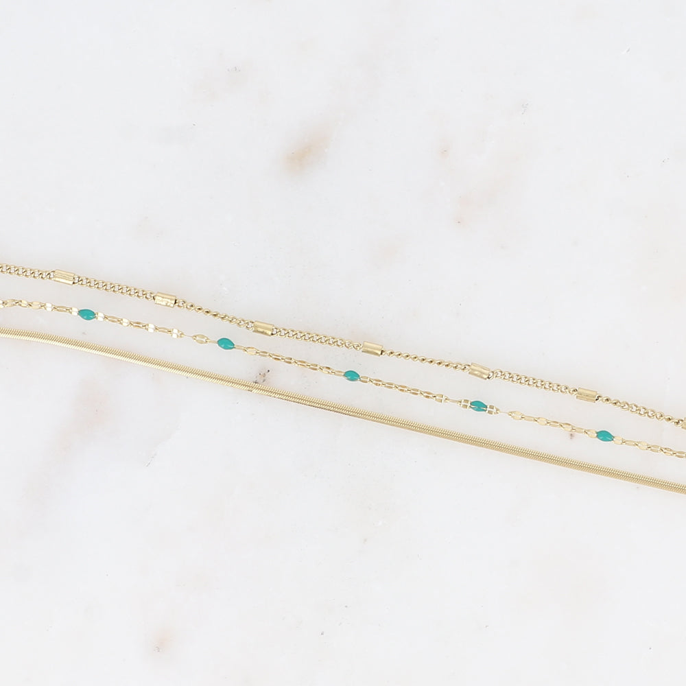 Bracelet 3 rangs - anneau avec maille grain de café émaillée verte, forçat et tubes et miroir (15+3 cm)