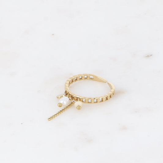 Bague à pampilles - anneau effet maille ajourée avec pierres naturelles, pastille ronde et chaîne pendante - perles d'eau douce
