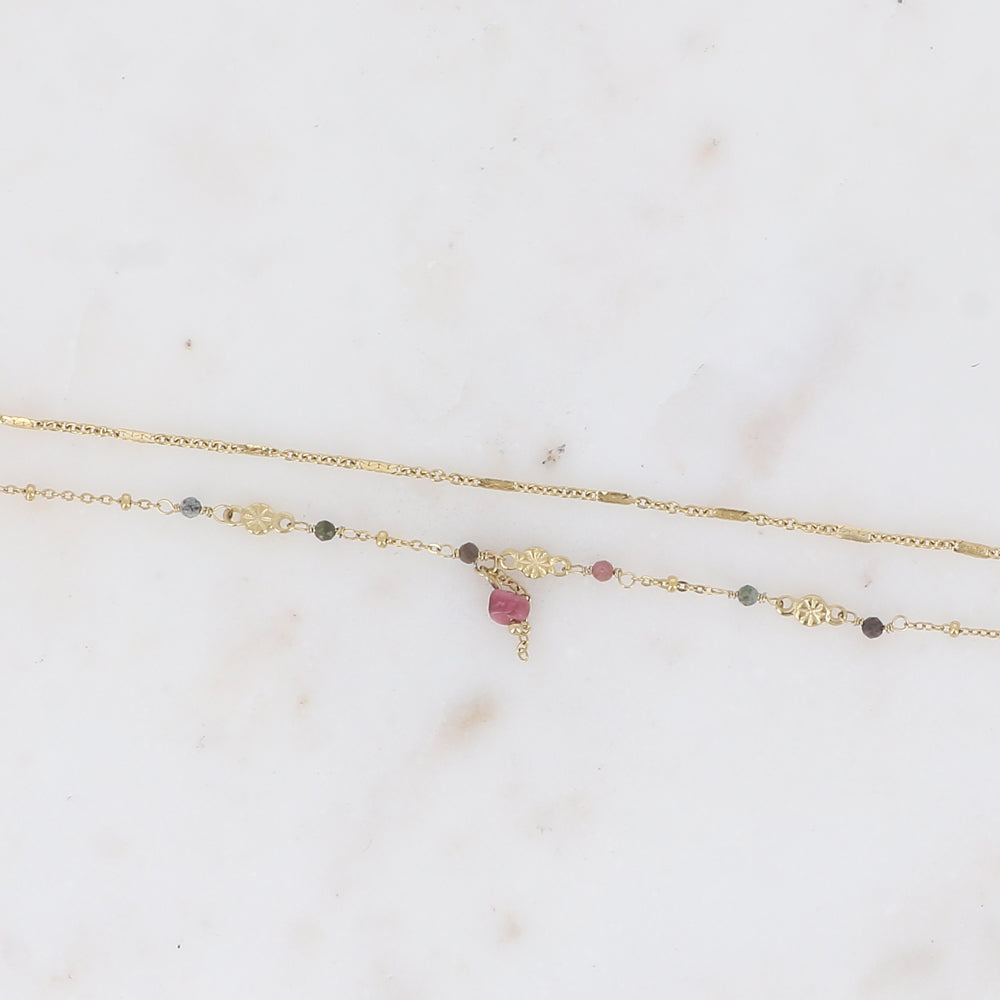 Bracelet 2 rangs - maille forçat alternée, avec boules et pierres naturelles tourmalines (16+3 cm)