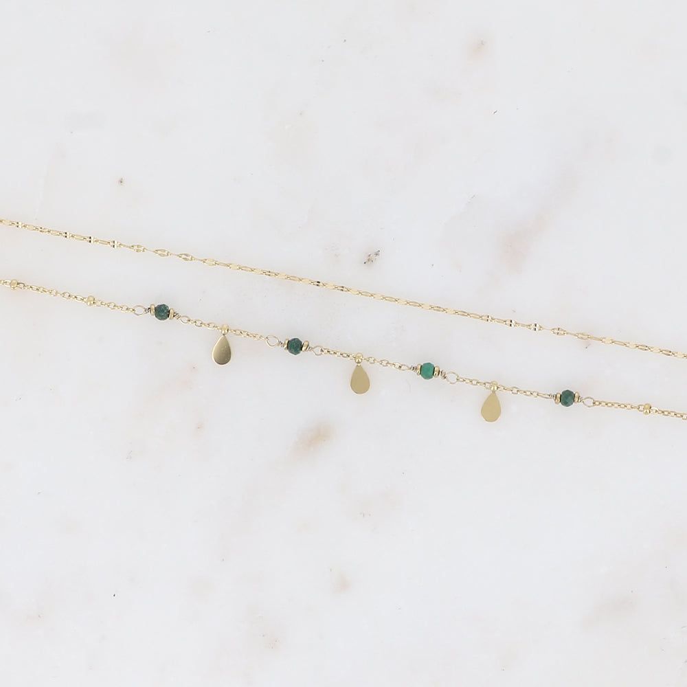 Bracelet 2 rangs - maille café plat, boules avec pampilles gouttes et pierres naturelles rondes jaspe vert (16+3 cm)
