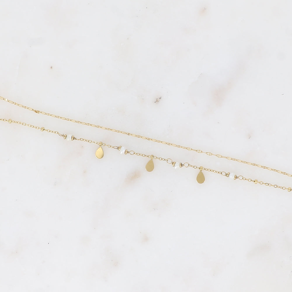 Bracelet 2 rangs - maille café plat, boules avec pampilles gouttes et pierres naturelles rondes perles d'eau douce