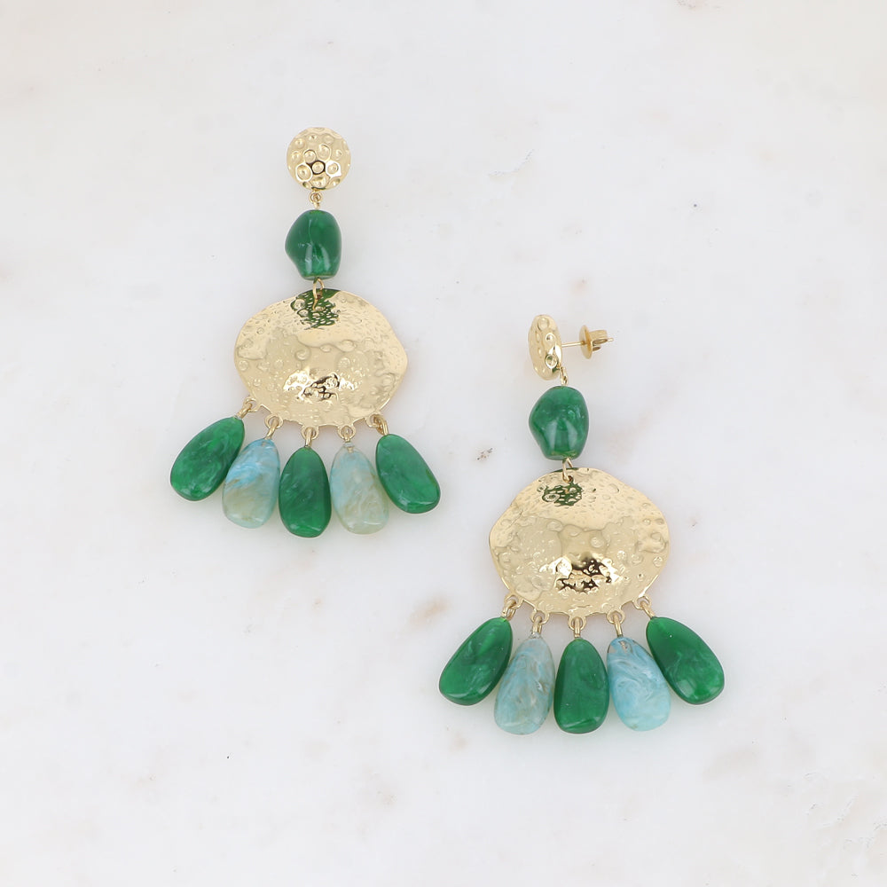 Boucles pendantes - pièces texturées et perles en acétate vert 35x83 mm