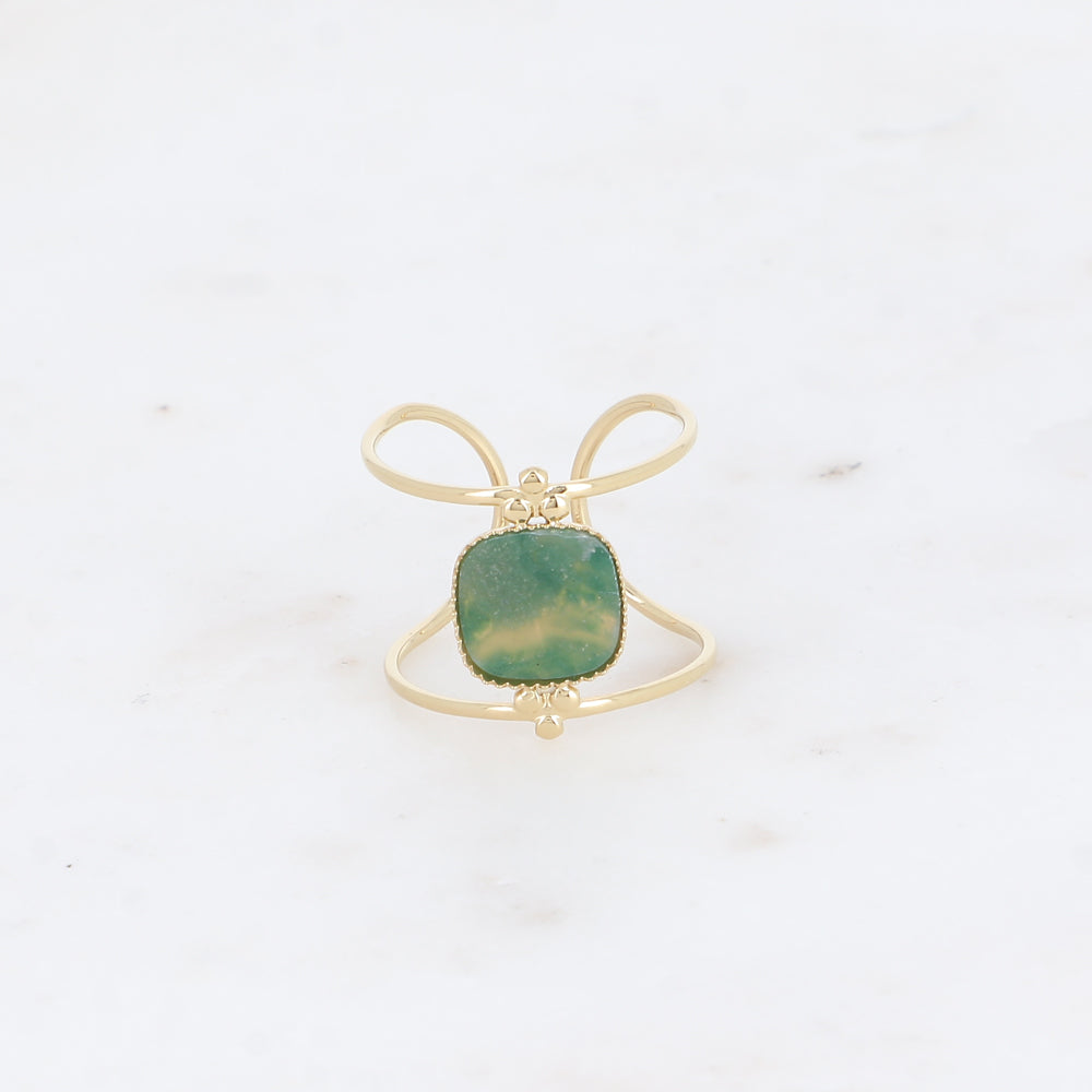 Bague large - 2 anneaux fins et pierre naturelle carrée plate - jaspe verte