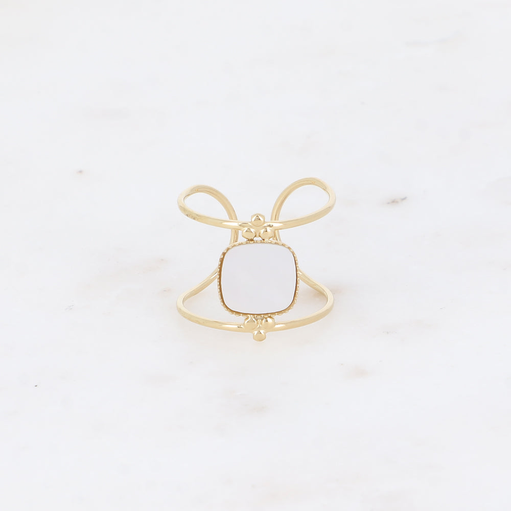 Bague large - 2 anneaux fins et pierre naturelle carrée plate - nacre