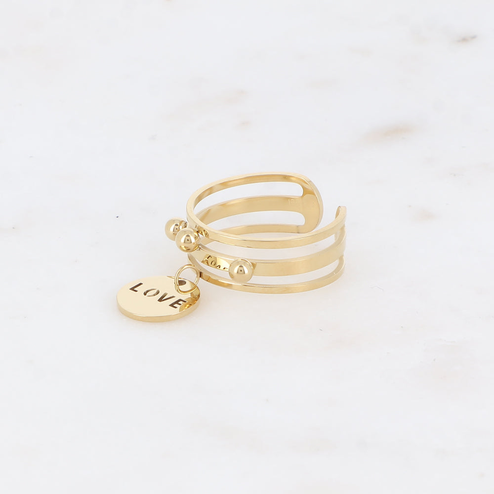Bague - 3 anneaux, boules et pampille ronde avec LOVE ajouré