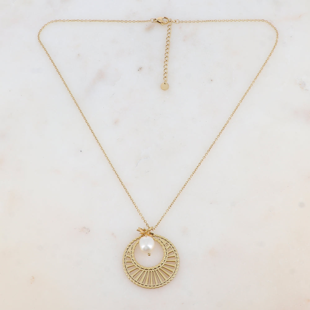 Collier avec pièce géométrique ajourée, perle d'eau douce et soleil (45+5CM)