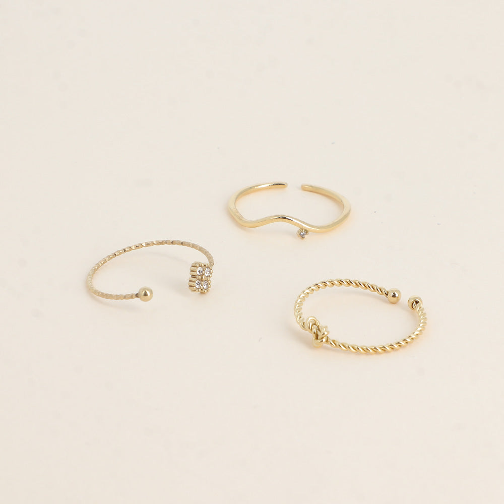 Set de 3 bagues - trèfle et cristaux, petit cristal et nœud torsadé