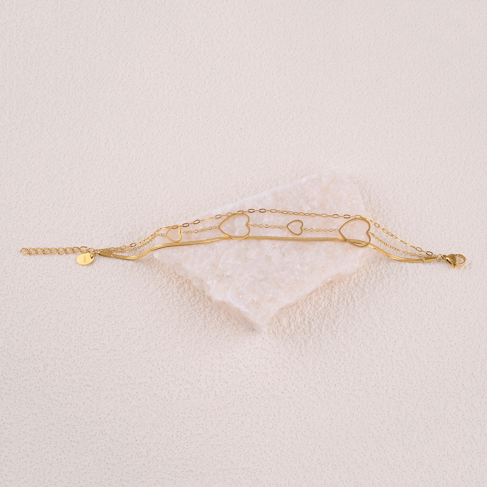 Bracelet 3 rangs - mailles miroir, forçat et cœurs ajourés (16+3 cm)