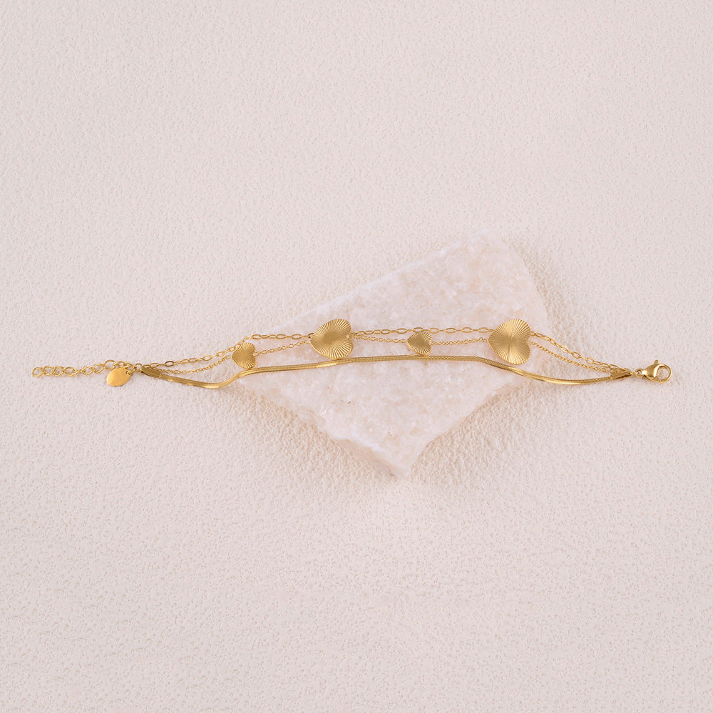 Bracelet 3 rangs - mailles miroir, forçat et cœurs striés (16+3 cm)
