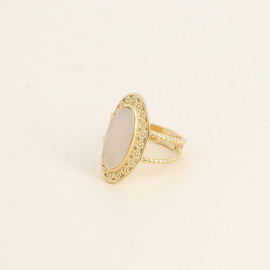 Bague - pierre œil de chat blanc, anneau effet milgrain