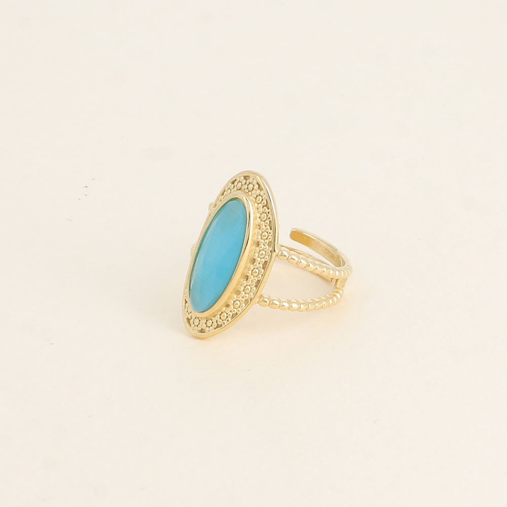 Bague - pierre œil de chat bleu, anneau effet mil grain