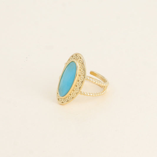 Bague - pierre œil de chat bleu, anneau effet mil grain