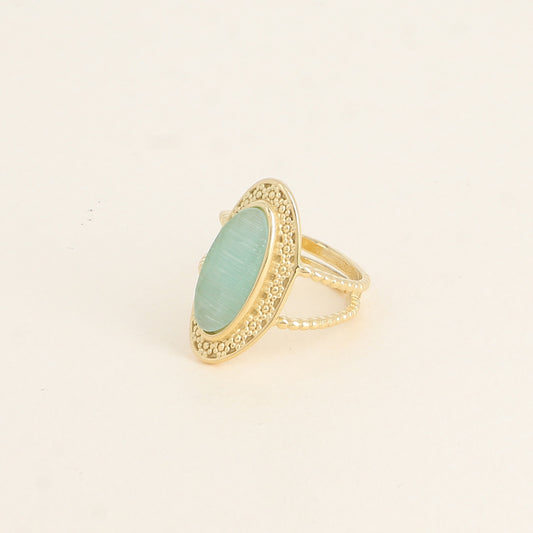 Bague - pierre œil de chat vert, anneau effet mil grain