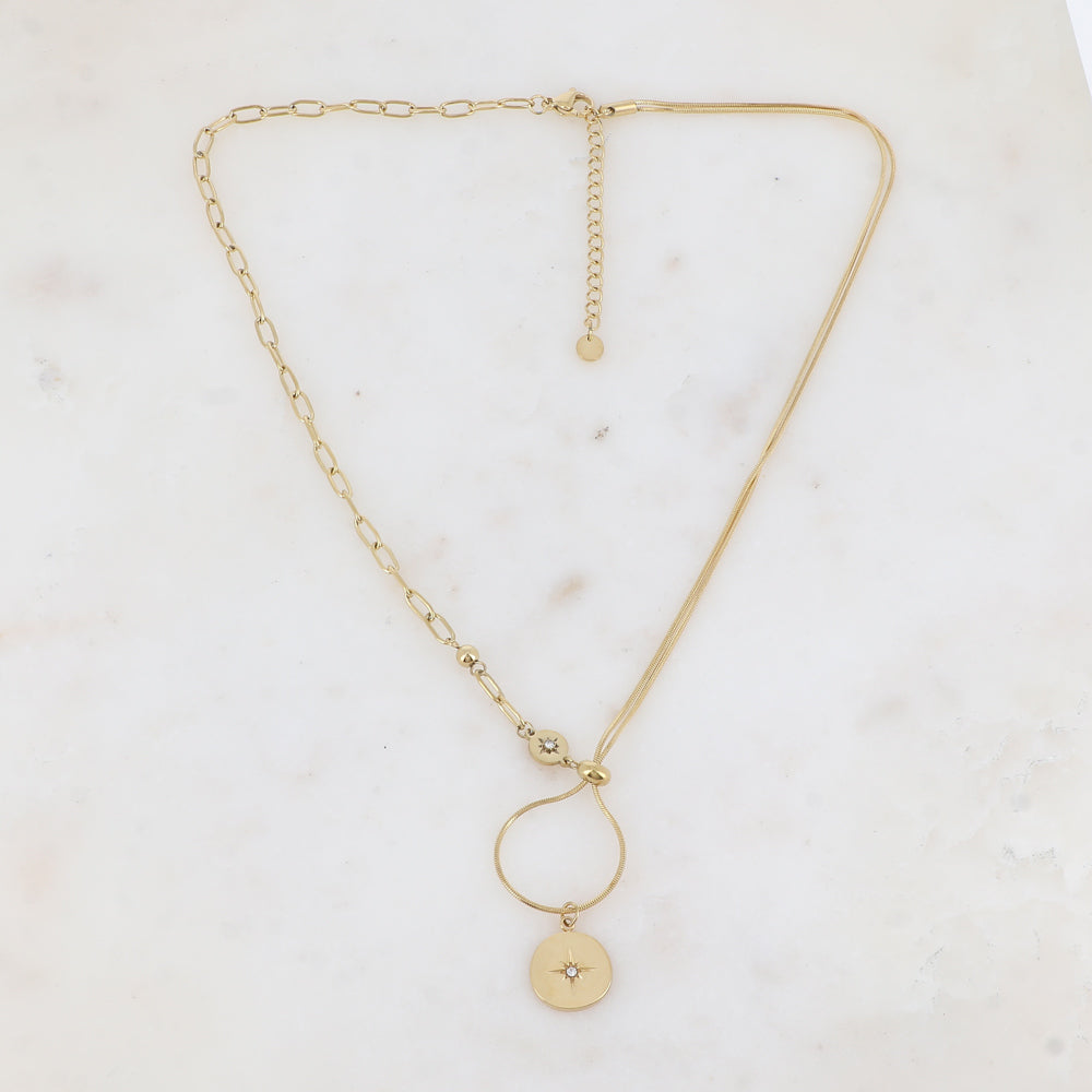 Collier en maille avec pampille ronde, strass, étoile, petite boule et rondelle (45+5CM)