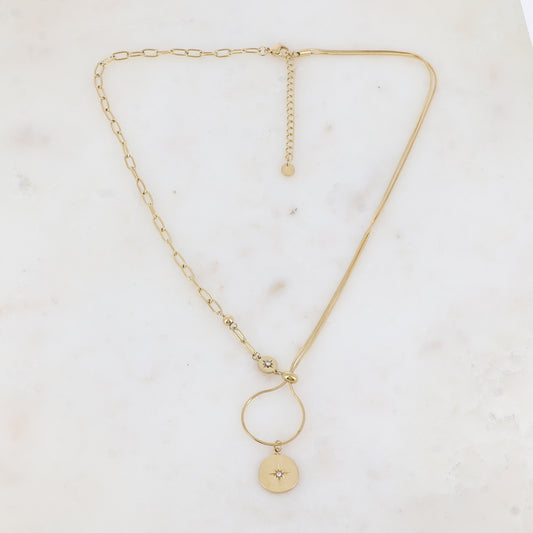Collier en maille avec pampille ronde, strass, étoile, petite boule et rondelle (45+5CM)