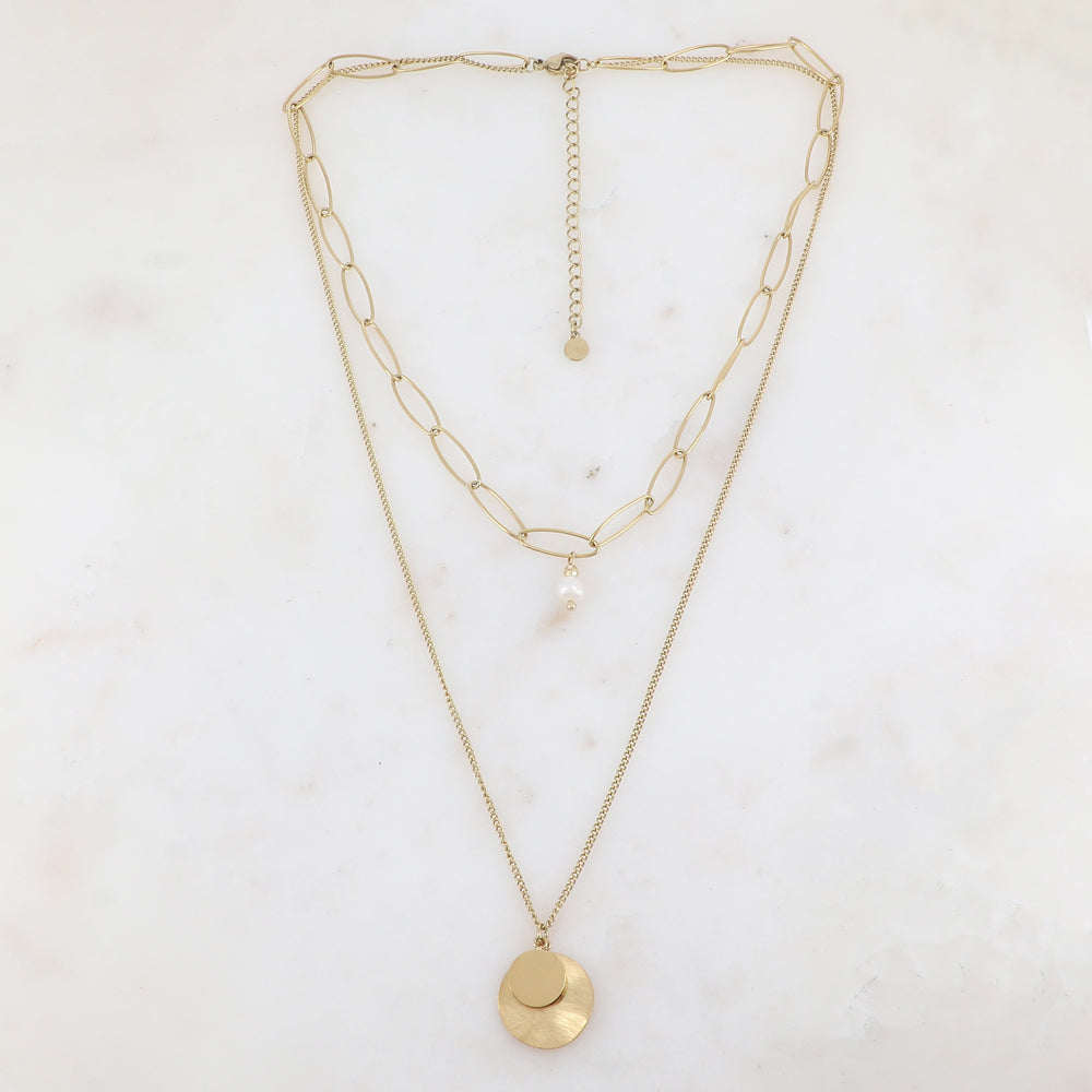 Collier 2 rangs avec perle d'eau douce et 2 pampilles rondes (38/50+7CM)