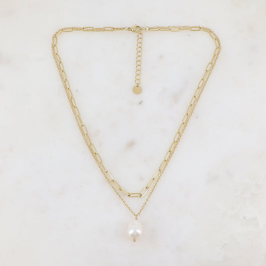 Collier 2 rangs avec maille et perle d'eau douce (38.5/40.5+5CM)