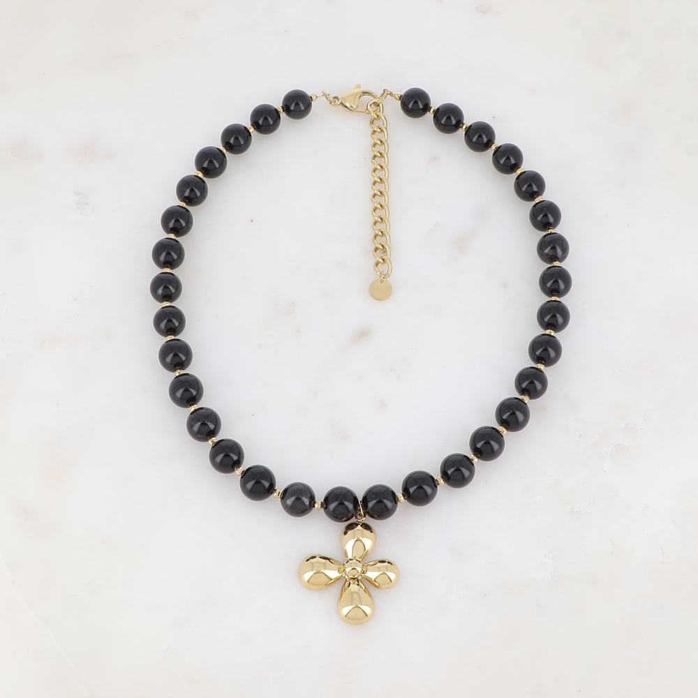 Collier avec pierre naturelle Onyx, fleur (42+7CM)