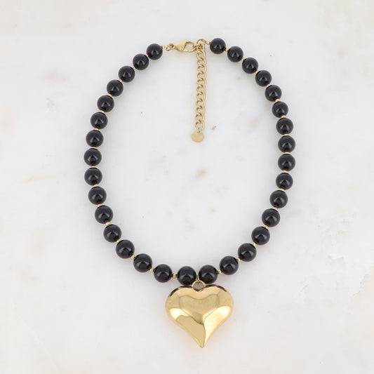 Collier avec pierre naturelle Onyx et cœur bombé (42+7CM)
