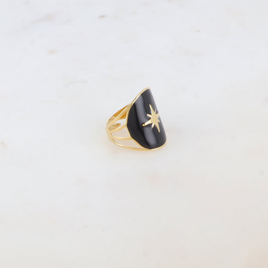 Bague avec pièce ronde émaillée, étoile gravée - Noir