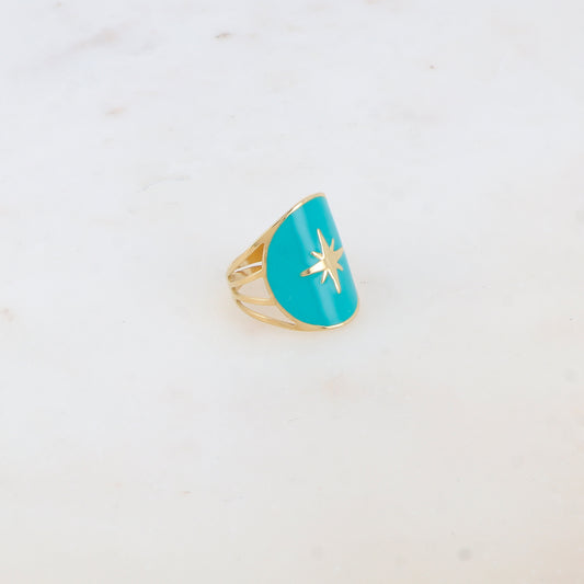 Bague avec pièce ronde émaillée, étoile gravée - Turquoise