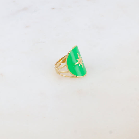 Bague avec pièce ronde émaillée, étoile gravée - Vert