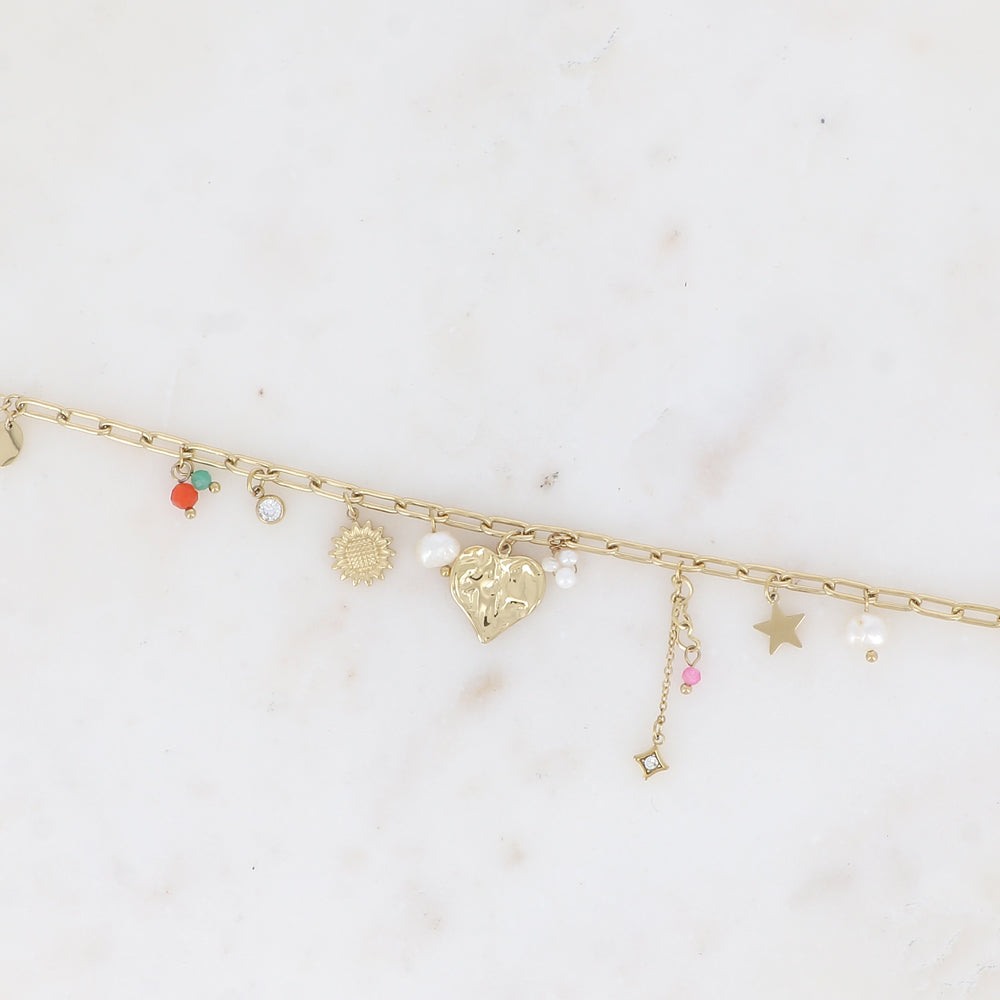 Bracelet - coeur, fleur, étoiles, perles d'eau douce, pâtes de verre et cristaux 16+3 cm