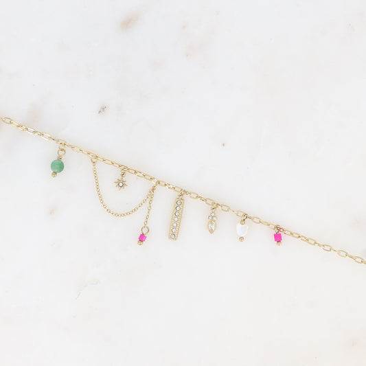 Bracelet - breloques (barre et oxydes de zirconium, cœur, pierres naturelles) 16+3 cm