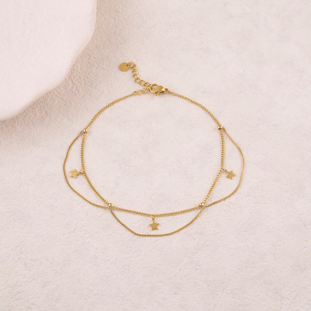 Chaîne de cheville 2 rangs avec pampilles étoiles (22+3CM)