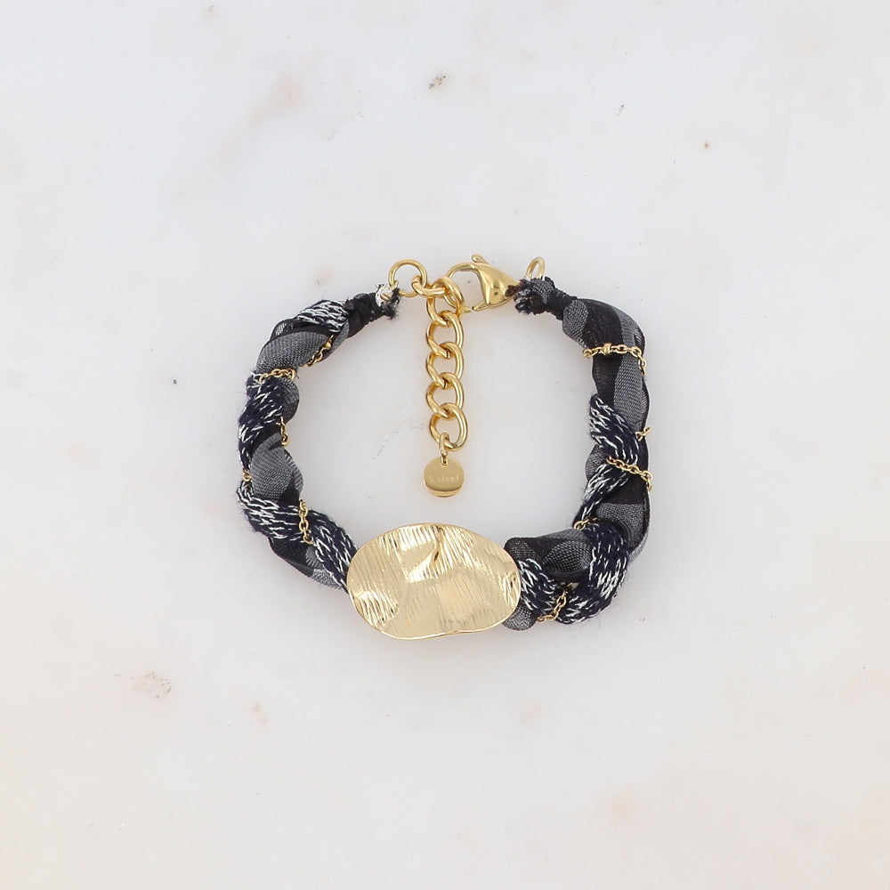 Bracelet en tissu avec chaîne et pièces ovale ondulée texturée