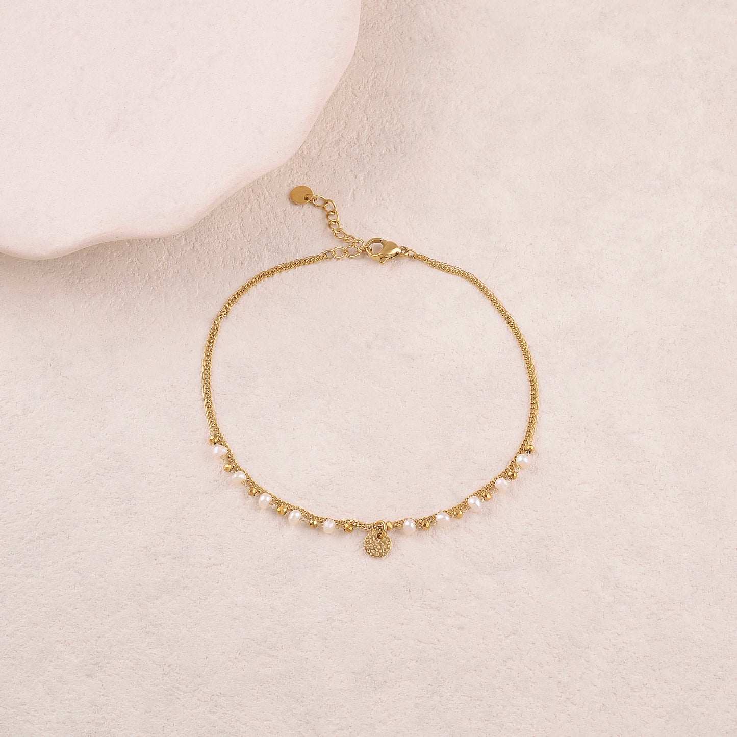 Chaine de cheville 2 rangs avec pampille ronde, perles d'eau douce (22+3CM)