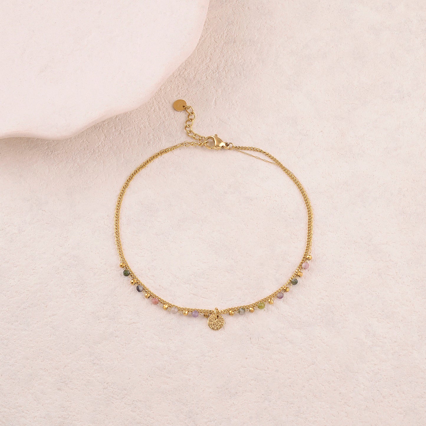 Chaine de cheville 2 rangs avec pampille ronde, pierres naturelles (22+3CM)5